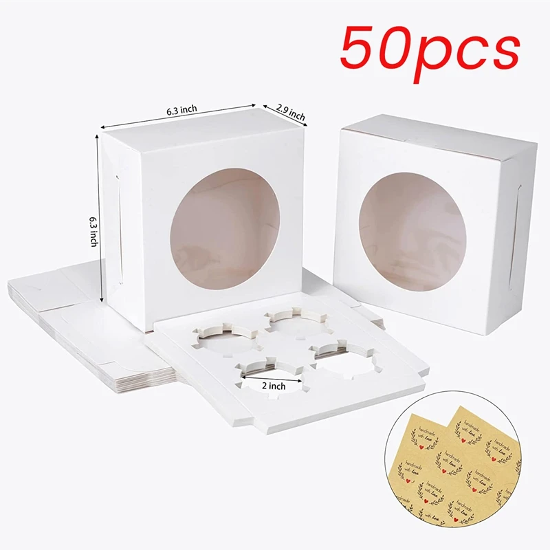 50 Packs Cake Box, Cookie Box,Bakery Boxes White With Clear Window 4 Count Cupcake Boxes,Treat Boxes