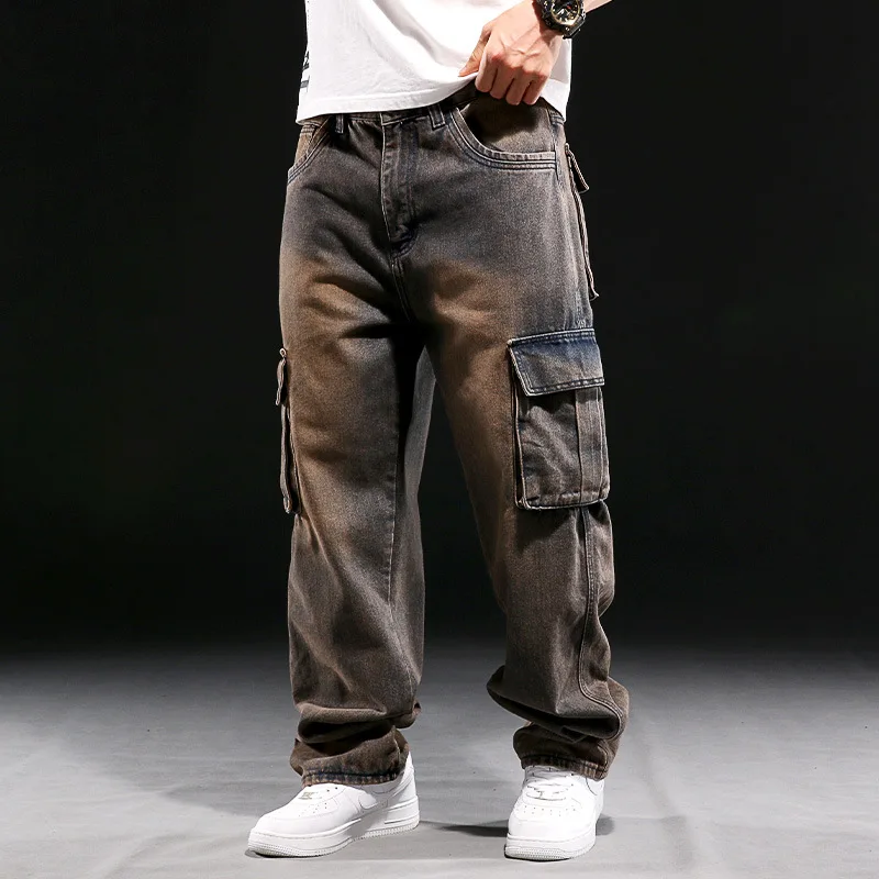 Wide Leg Pant Distressed Cargo Jean Men Jeans Washed Denim Patchwork Solid Full Length Pants Loose Pockets High Street 2025 - Image 3