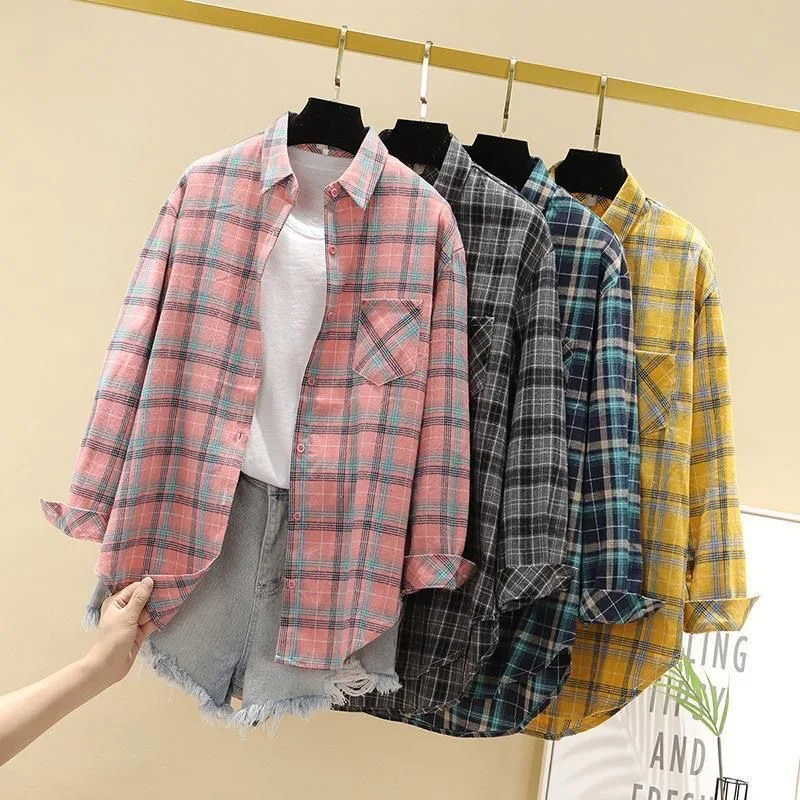 2025 Spring Autumn Fashion Korean Plaid Shirt Women Plus Fleece Blouse Loose Everything Long Sleeve Sun Protection Clothes Top