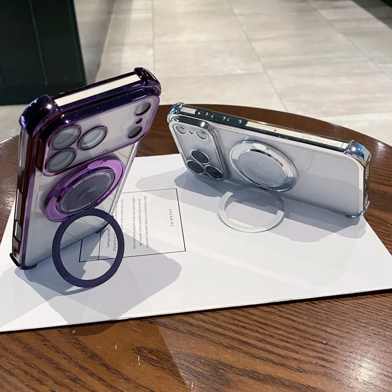 Luxury Transparent Magnetic Phone Case For iPhone 17 Air 13 14 15 16 17 Pro Max 11 12 With Ring Stand Plating Soft Case - Image 3