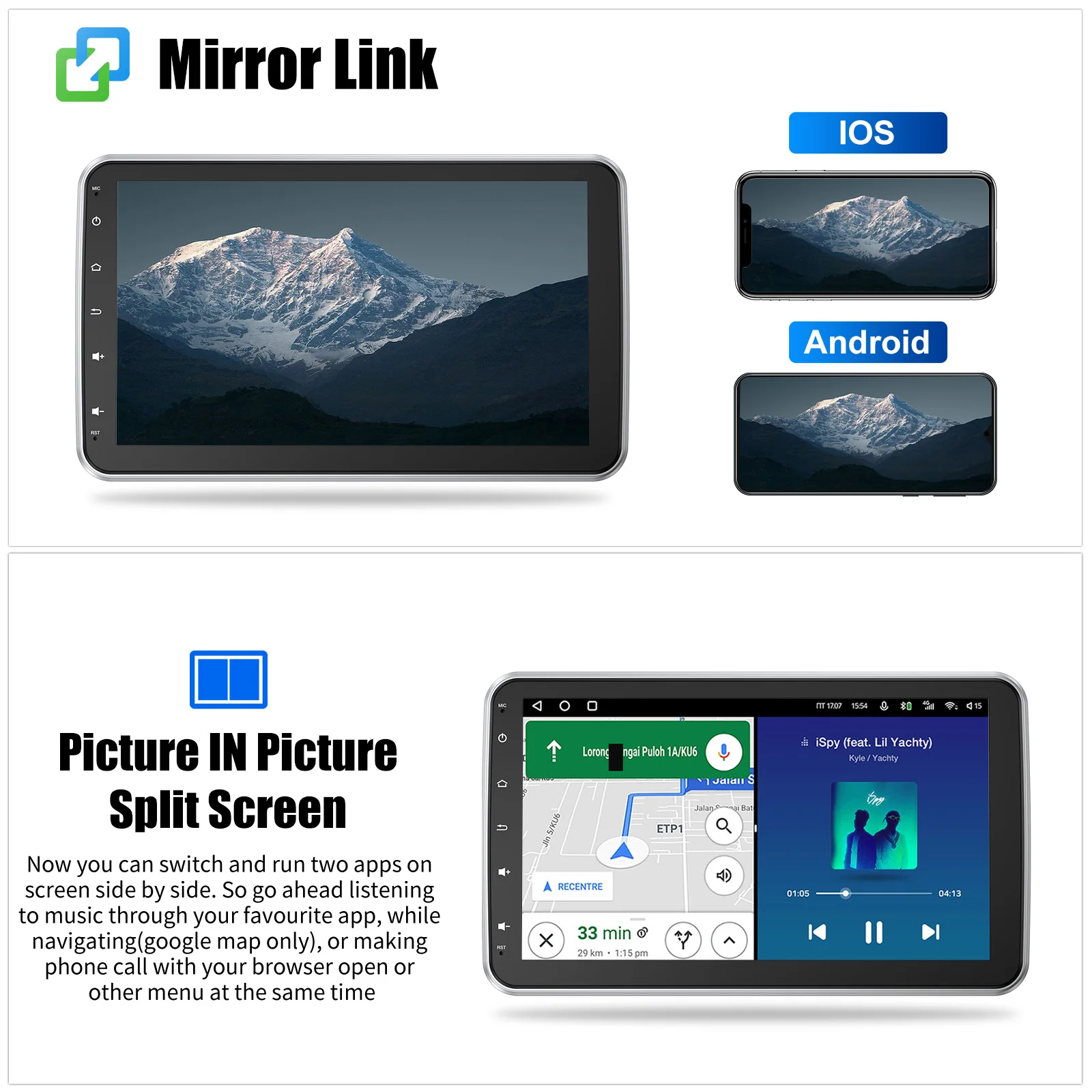ESSGOO 10,1" Android 15 4+64G Radio universal 1 DIN con pantalla giratoria 360° y micrófono, CarPlay y Android Auto inalámbricos, GPS, RDS FM, WiFi, Bluetooth, Mirror Link, control de volante, pantalla táctil, reproduc 7