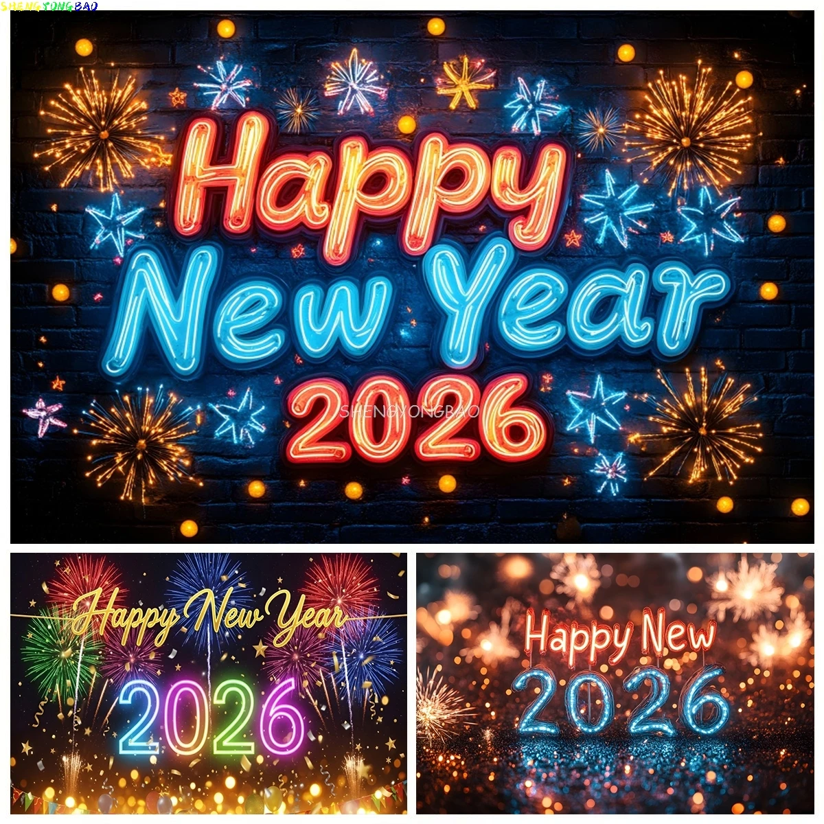 

Happy New Year 2026 Backgrounds for Photographs Black Brick wall Neon Christmas New year's eve Decoration Photography Backdrop
