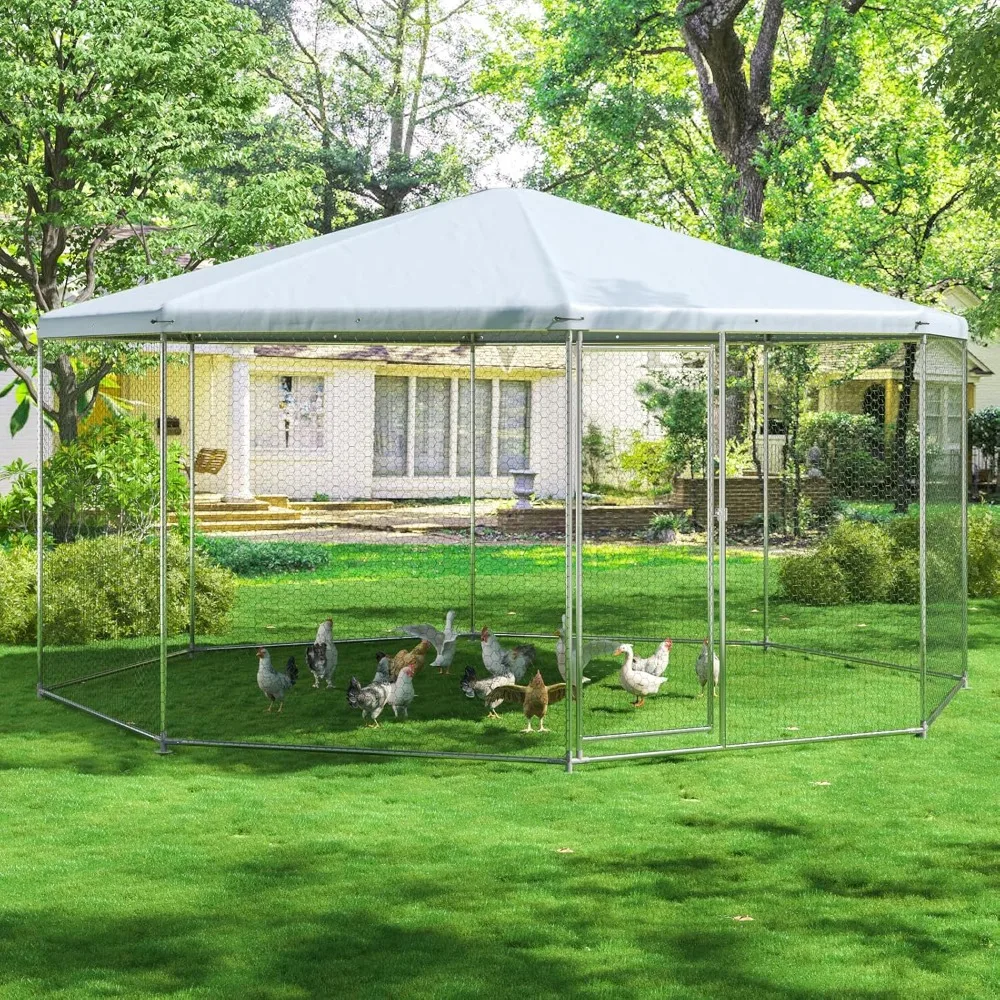 

Chicken Coop,Large Metal Chicken Run Pen Walk in Chicken Coops with Waterproof & Anti-UV Cover for Backyard (17.4x17.4x9 Ft)