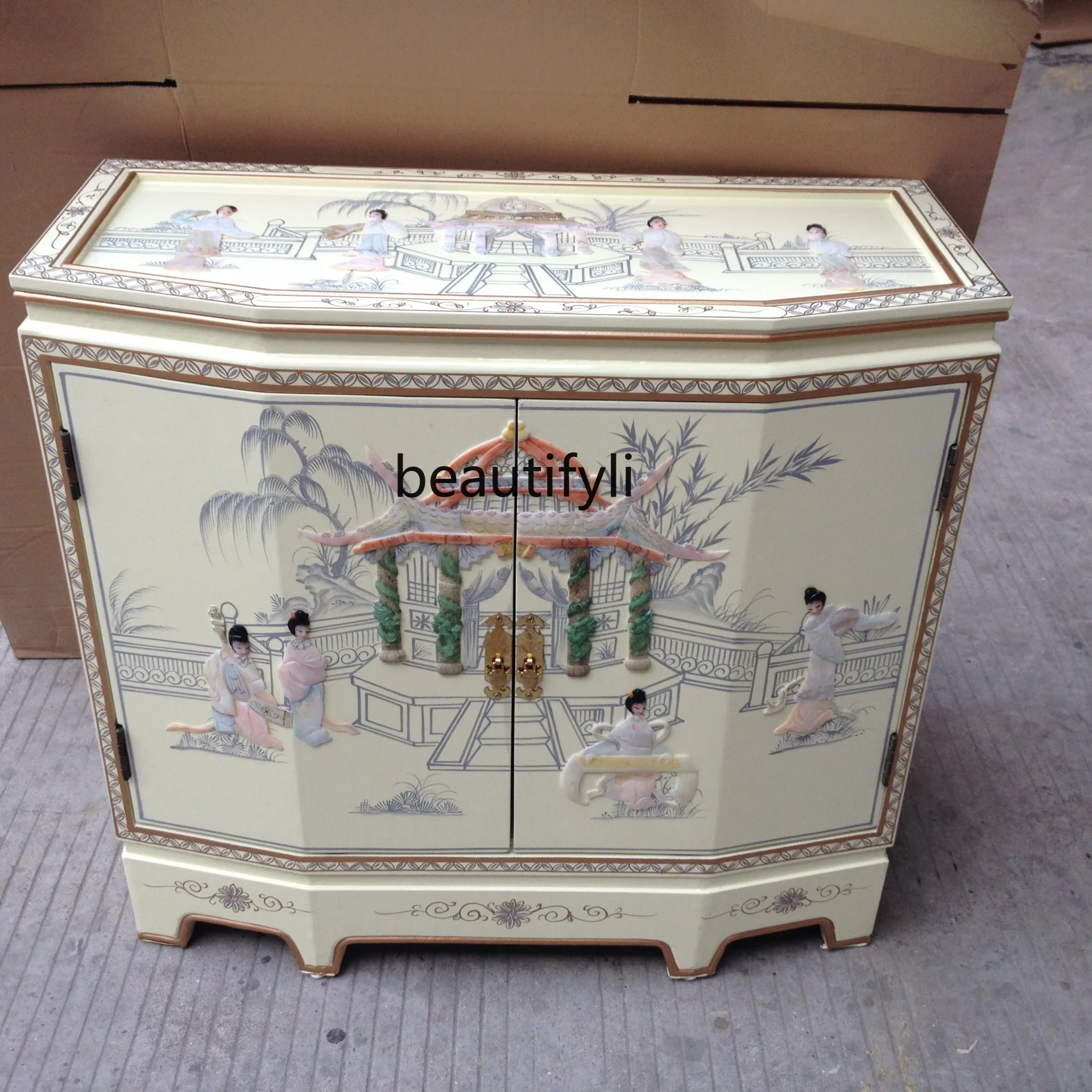 

Ivory white four-door cabinet entrance painted furniture inlaid shell entrance entrance cabinet foyer decoration