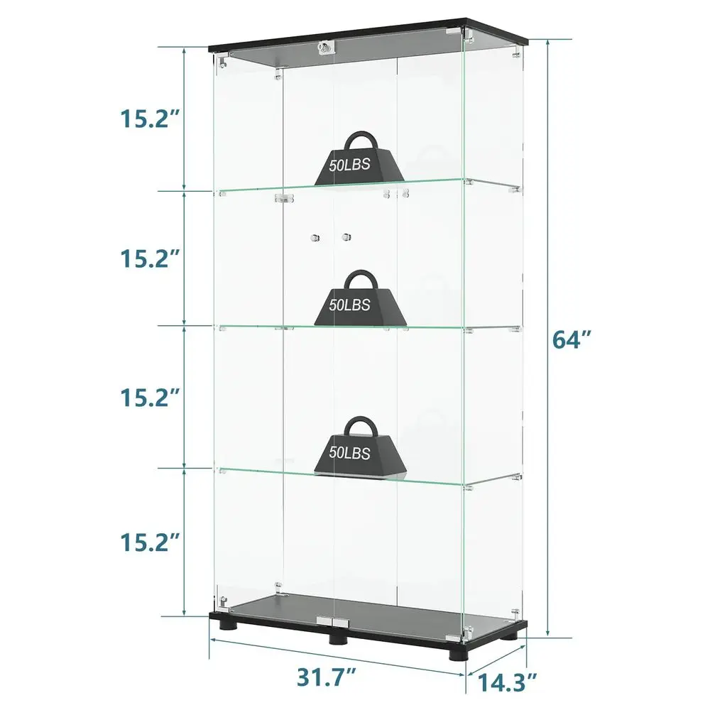 Display Cabinet with 4Shelf Double Doors and Lock, Curio Cabinet 5mm Tempered Glass Floor Standing Bookshelf for Living Room, B - view 3