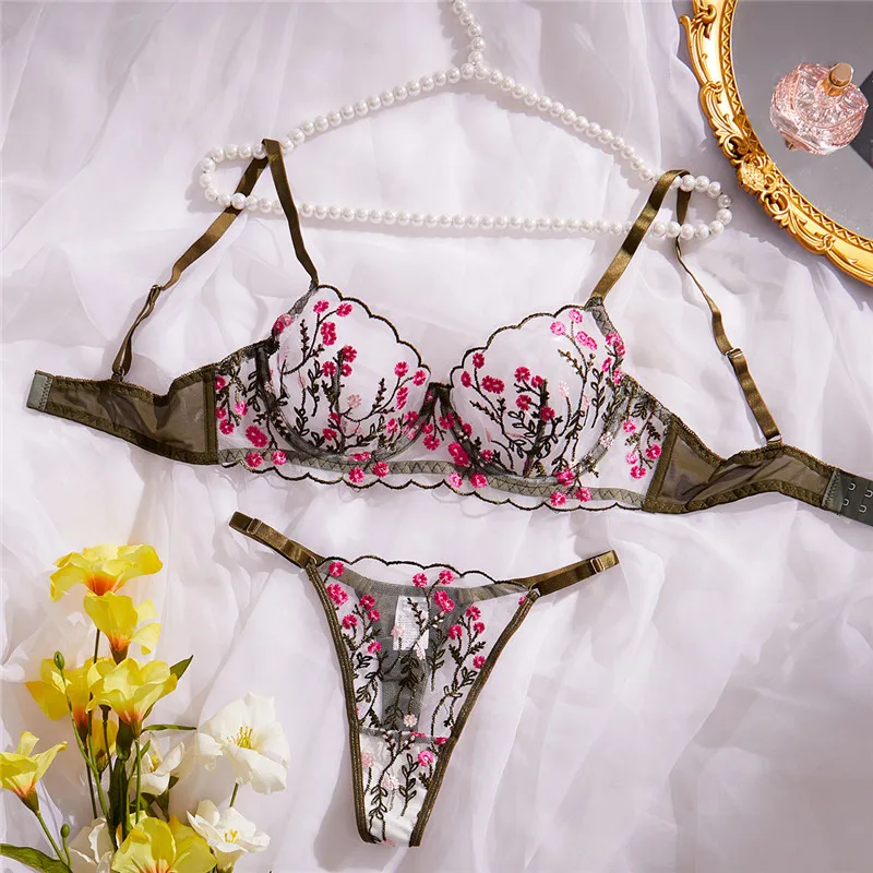 Women Sexy Bra Sets Lace Luxury Romantic Lingerie Transparent Underwear See Through Exotic Sets Embroidery Flowers Bra Brief Set