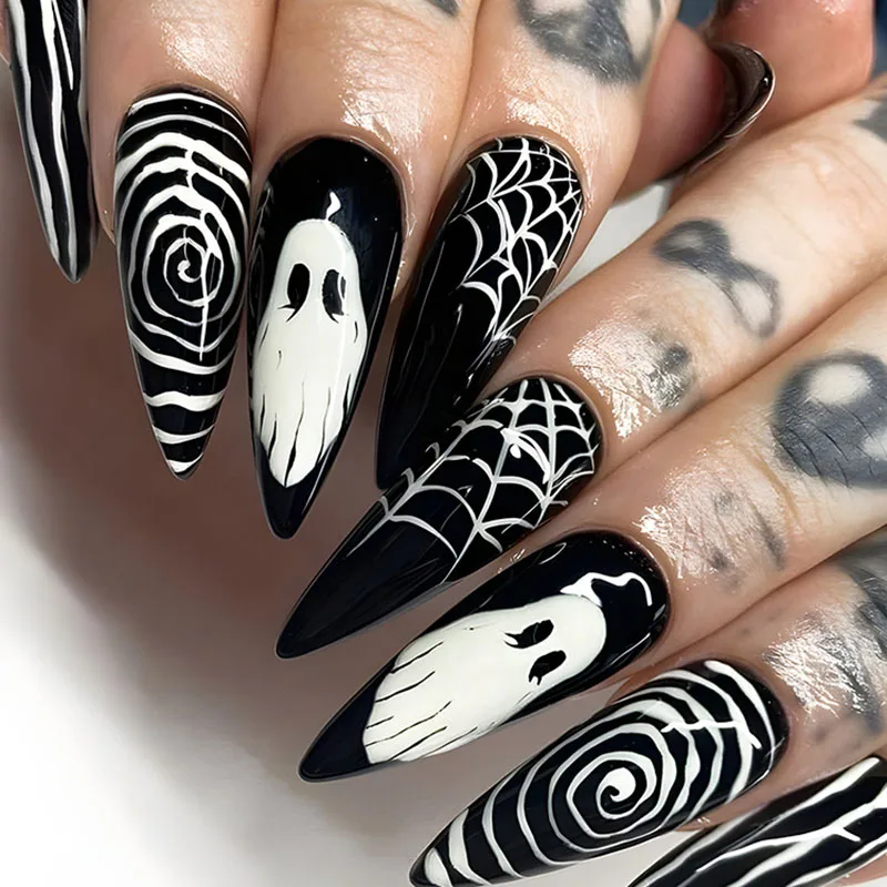 

24Pcs Long Almond Press on Nails - Halloween Design with White Spider Web, Ghost and Circular Motifs