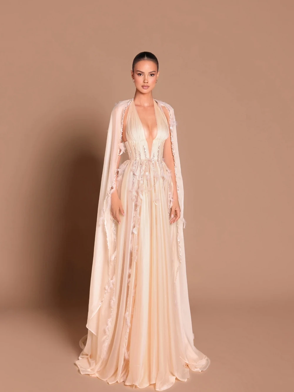 DTLumika Elegant Champagne Plunge V Neck Cape Feathered Evening Dress Flowing Formal Party Gown For Wedding & Banquet Customized