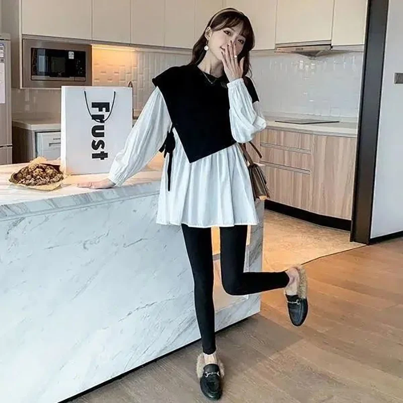 Fashion O-Neck Spliced Bandage Fake Two Pieces Blouses Women\'s Clothing 2023 Autumn Winter Loose Casual Tops Asymmetrical Shirts