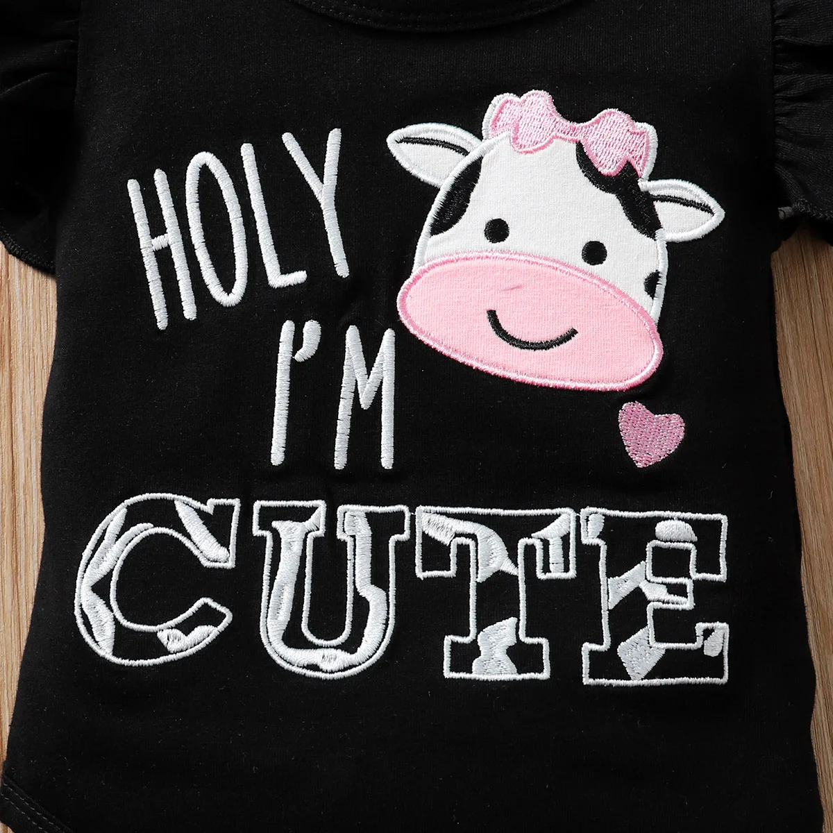 Summer Baby Girls Fashion Three-Piece Set Black Cartoon Cow Embroidery Short Sleeve Dress Personality Flare Pants Bow Headband