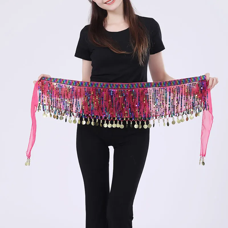 Adult Bling Belly Dance Hip Scarf Sequins Coin Bellydance Wrap Belt Skirt Fringe Dancewear Stage Costume Rave Outfit Lesson Suit