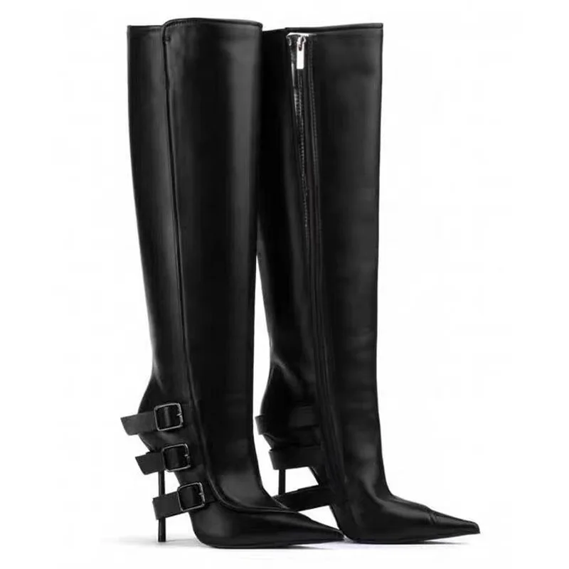 New Retro Pointed Toe Stiletto High Heels Slip-On Long Tube Boots Women Metal Belt Buckle Knee-High Boots Women Botines Mujer