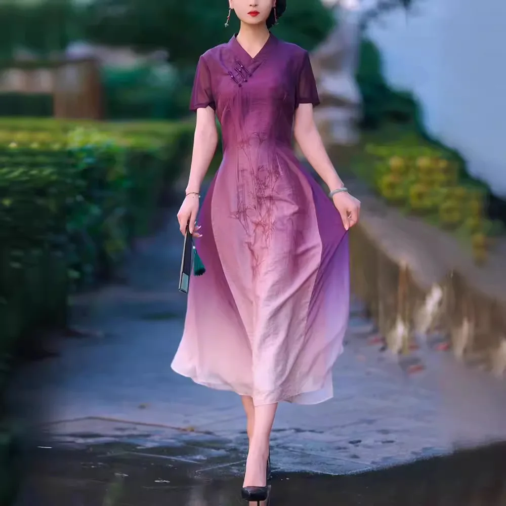 Retro Short Sleeve Gradient Purple Wedding Cheongsam Chinese Traditional Women V-Neck Qipao Dress