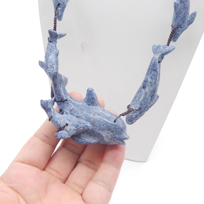 Natural Blue JasperHandcarved Shark Necklace Ocean Style 59x22x17mm 36x15x12mm Adjustable 22-32 Inch Jewelry Accessory 67.5g