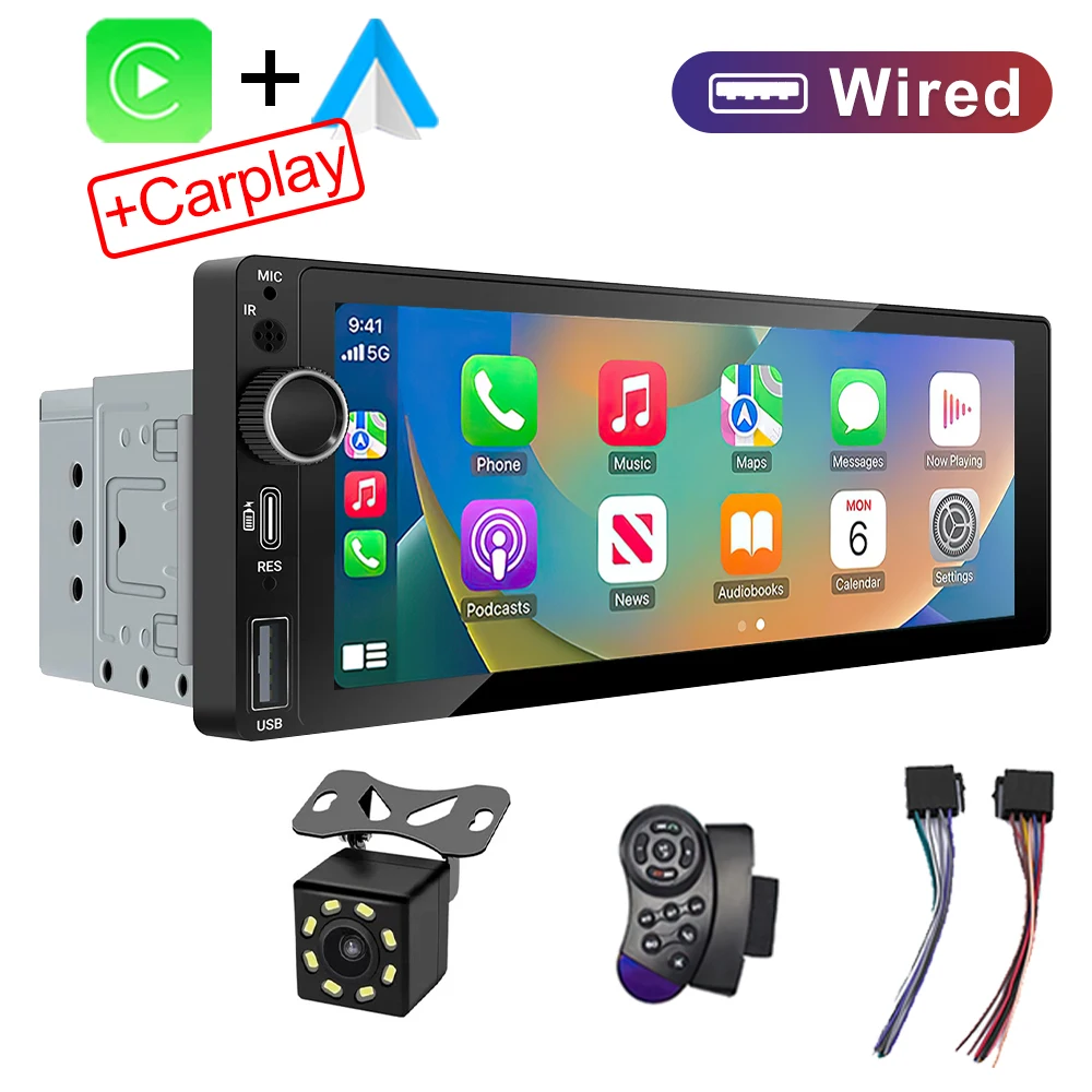 IPS 6,9 inch 1Din Draadloos of bedraad Carplay Android Auto Autoradio Multimedia MP5-speler 1 Din DVD Bluetooth Stereo USB Opladen