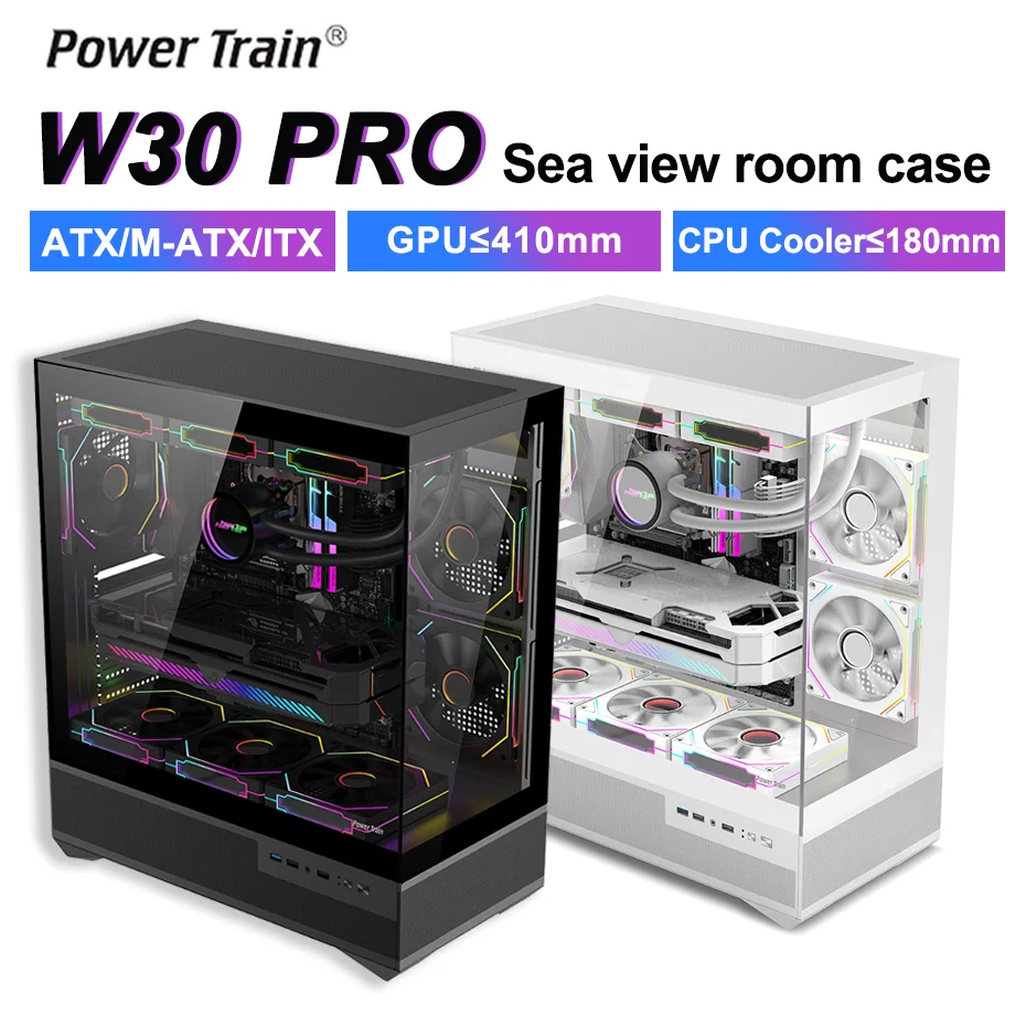 Power Train W30 PRO ATX  Desktop Case Pillarless Sea View Room Glass Side Transparency Computer Chassis Support 360 Water Cooler