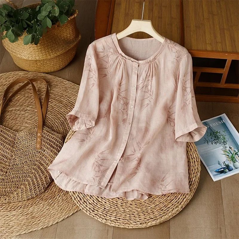 

Printed Vintage Women Blouses Summer Cotto Linen Tops Loose Short Sleeve Clothing Sales O-neck Korean Women's Shirts