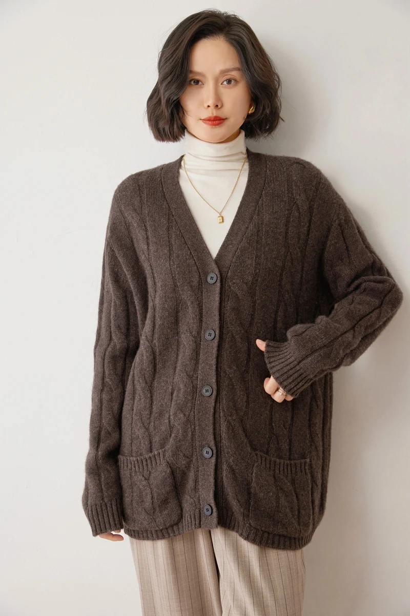 High Quality 100% Cashmere Women Sweater V-Neck Striped Knitted Cardigan Loose Thick Outerwear Office Lady Long Sleeve Clothing