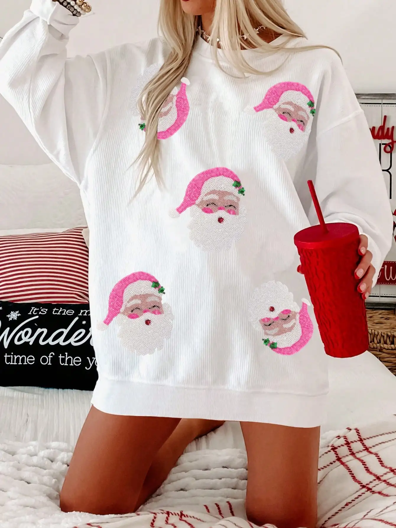

Women's Loose Long Sleeve Santa Sequin Sweatshirt for Christmas Holiday Casual Wear