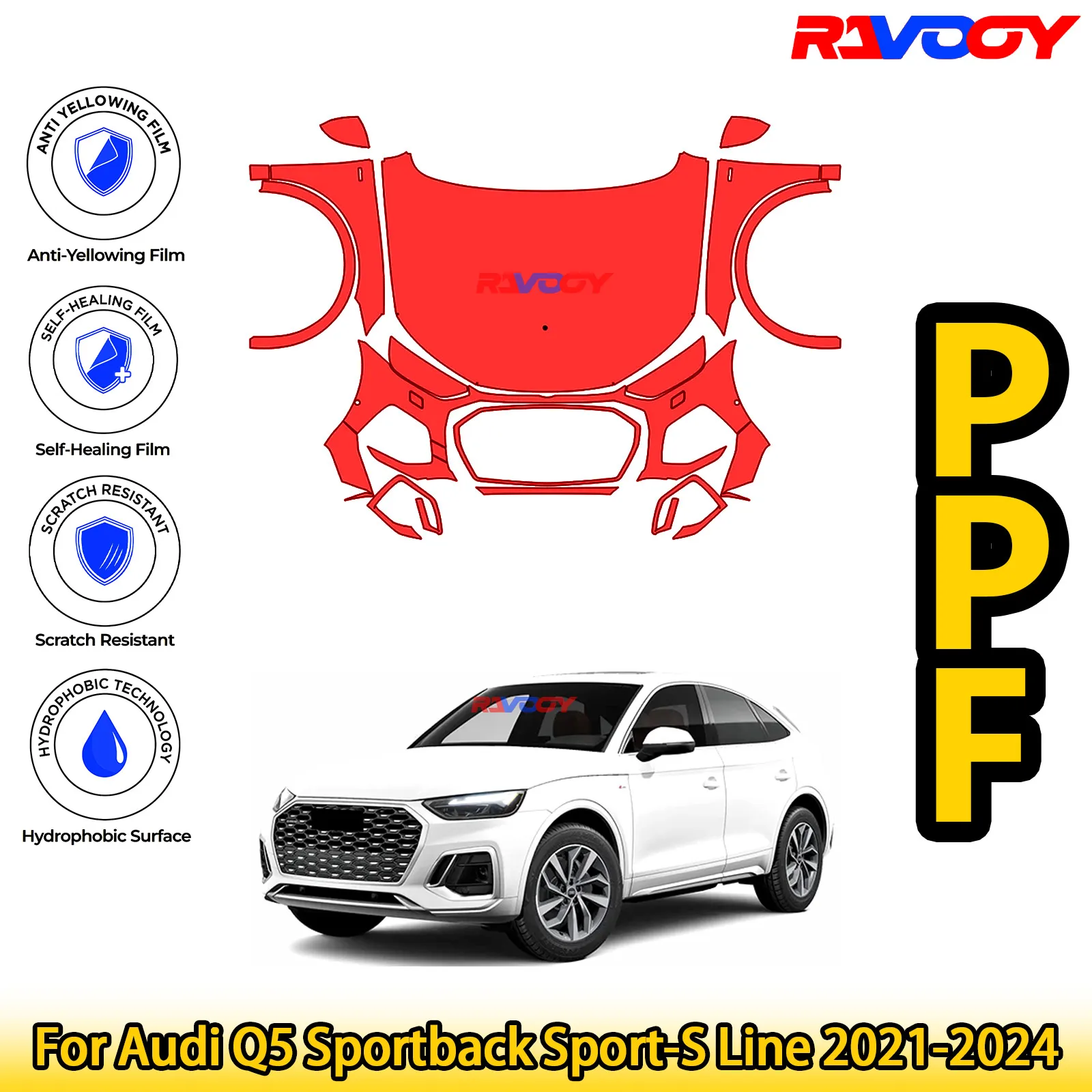 

Для Audi Q5 Sportback Sport-S Line 2021-2024 глянцевый матовый черный предварительно вырезанный передний комплект PPF, защитная пленка для краски