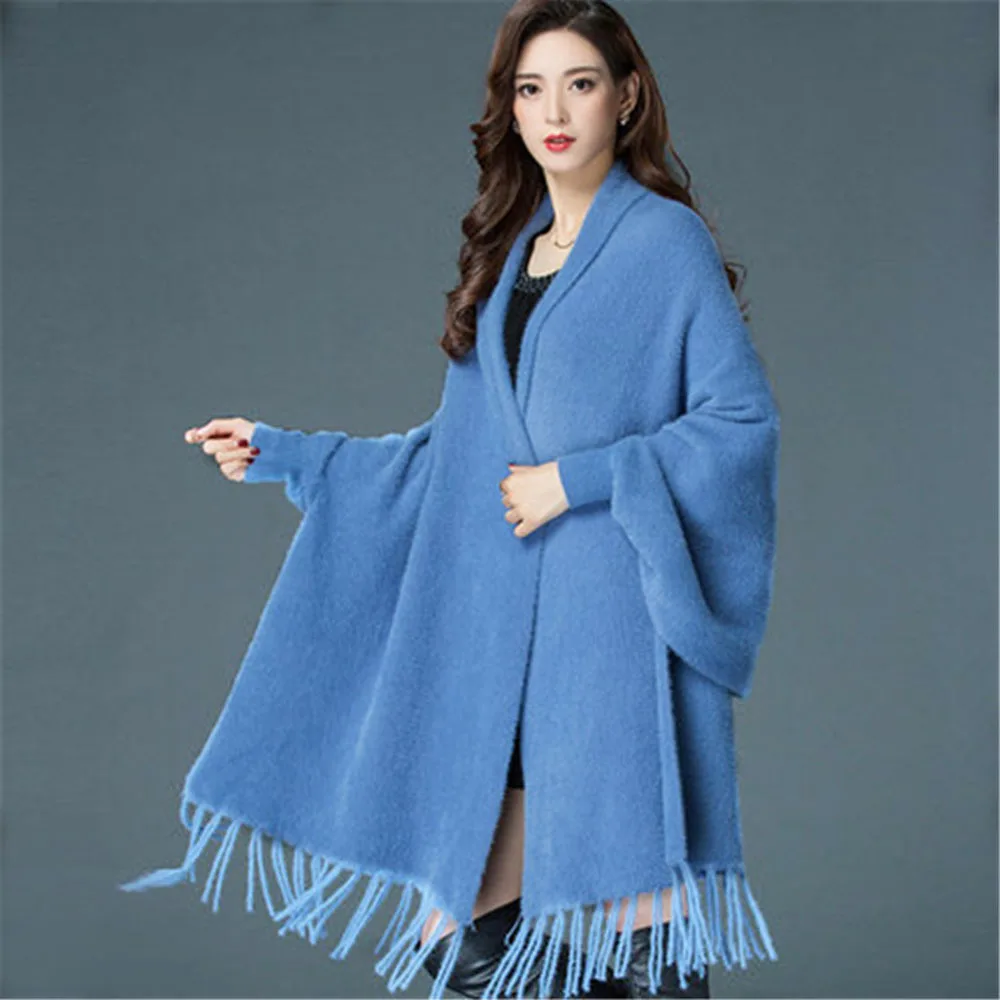 Autumn Winter Bat Sleeves Cloak Shawl Women\'s Faux Mink Velvet Poncho Sweater Long Cardigan Fashion Tassel Cloak Thicken Capes