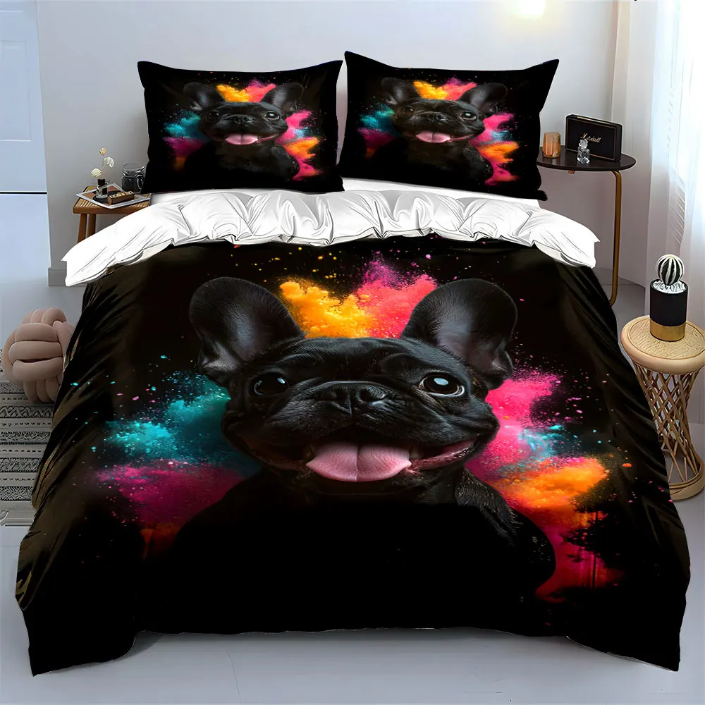 Black Dog with Colorful Powder Background Print Soft Comfortable Duvet Cover Bedding Set Included 1*Duvet Cover  2*Pillowcases