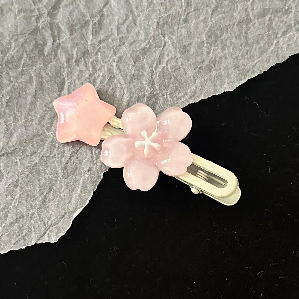 2PCS Romantic Sweet Pink Cherry Blossom Wave Hairpin Cute Soft Star Hairclip Girl Wind Side Clips Hair Accessories