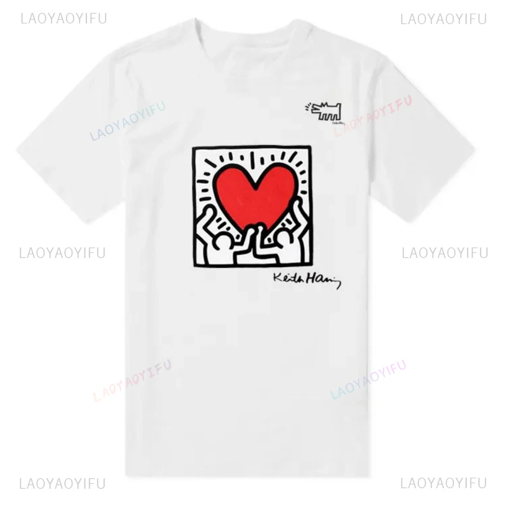 Cartoon Harajuku Funny Graffity Cotton T-shirt Korean Style Men Woman Tee O-neck Short Sleeve Anime Heart Printed Vintage Tops