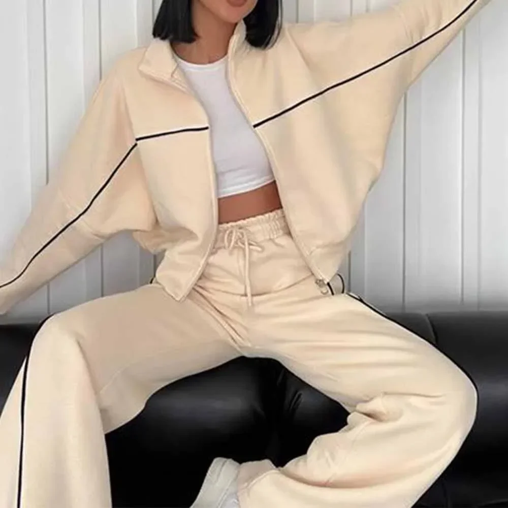 Autumn Winter Suit Women's New Leisure Suit Long Sleeve Semi-high Neck Cardigan Sweatsport Set Lace-up Striped Trousers