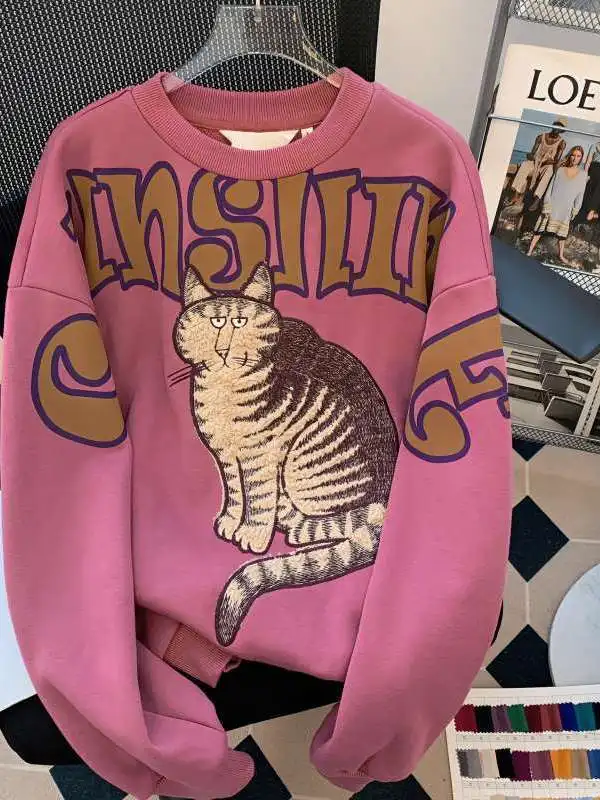 

Женский свитшот оверсайз с длинным рукавом и круглым вырезом, осенне-зимний, с принтом и вышивкой, повседневный топ