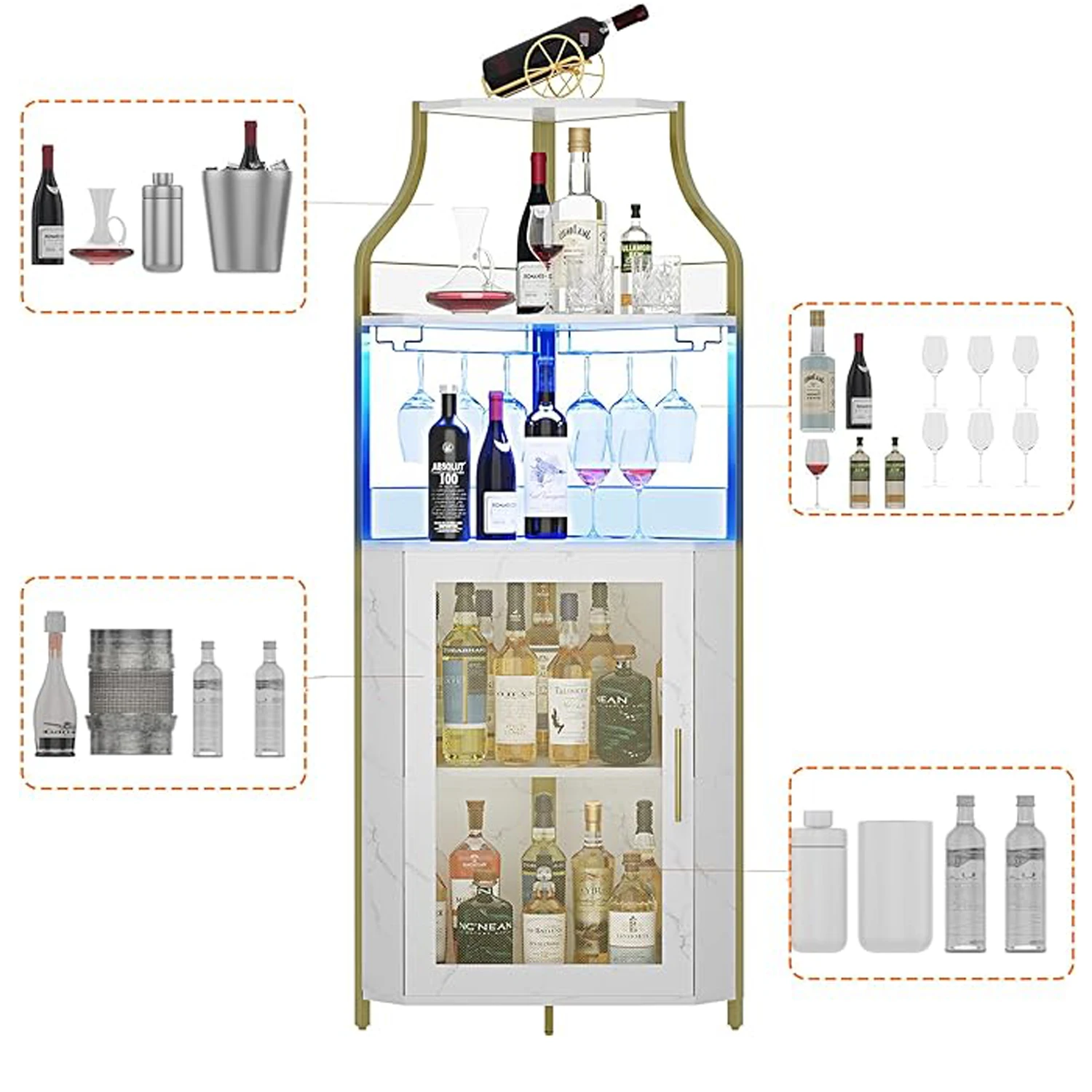 Armadietto da bar ad angolo, armadietto da bar in vino con luci a LED e ripiano regolabile, armadietto da liquore ad angolo con supporto in vetro e contenitore