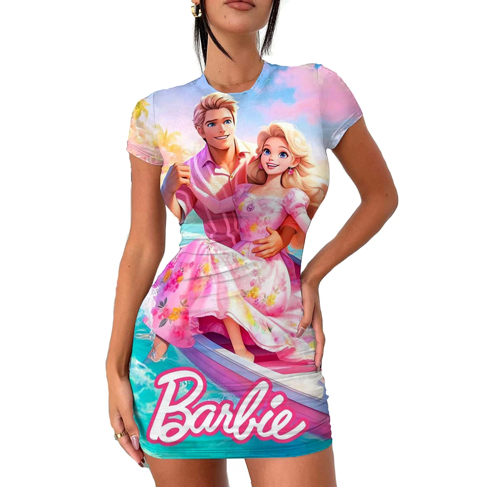 Cartoon Barbie Skinny Dress Summer Anime Y2K Cute Women Fashion Sexy Hip Hop Dress Kawaii Spicy Girl Pink Slim Fit Sports Dress