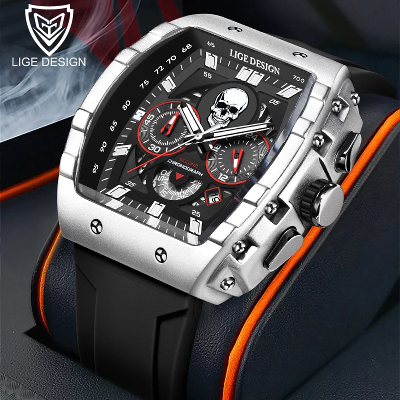 LIGE Fashion Sport Skull Orologi da uomo Top Brand di lusso Cronografo al quarzo Orologio da uomo Orologio da polso impermeabile da uomo Relógios Masculino