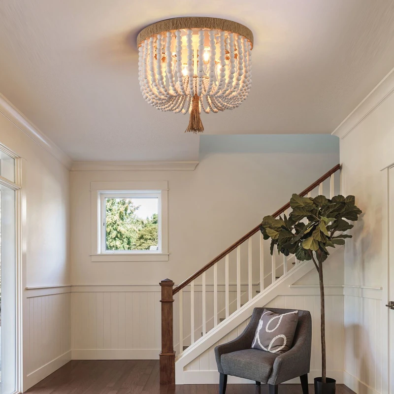 American Creative Wooden Bead Ceiling Lamp Romantic Decorative Bedroom Living Room Rural Kitchen Restaurant LED Lighting Fixture