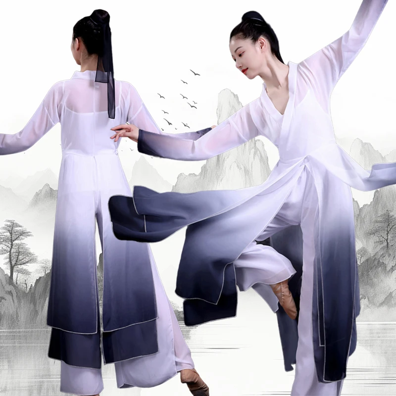 

Chinese Classical Dance Dress Flowing Gradient Color Chinese Folk Dance Costume 1 Set Women Practice Stage Performance Hanfu