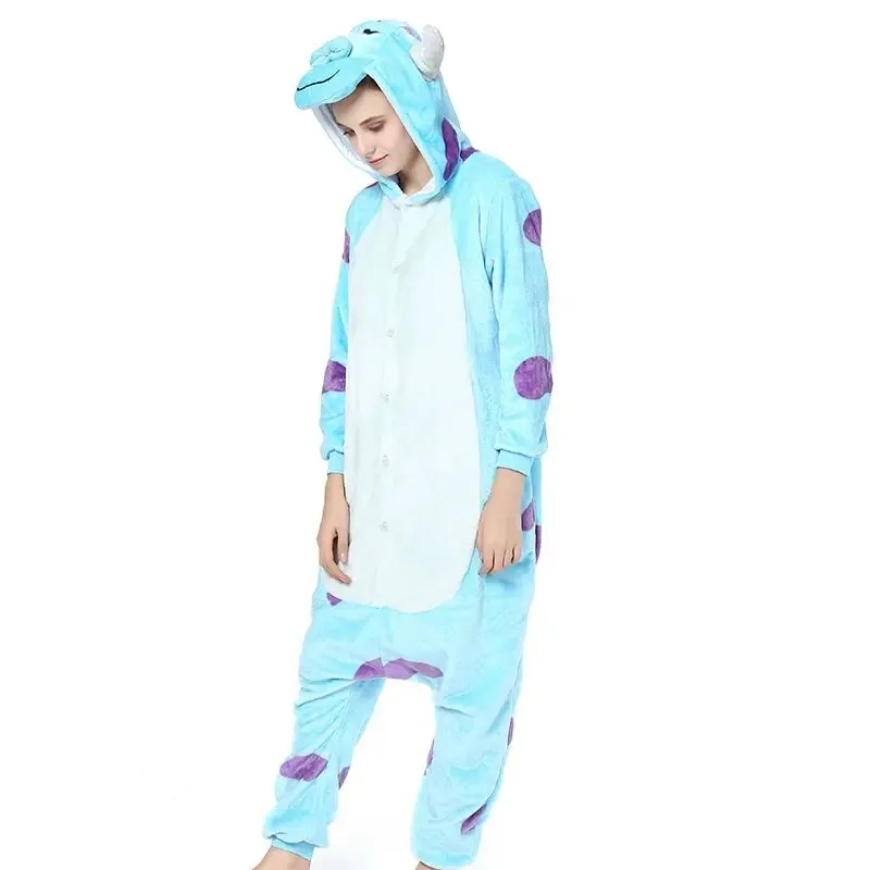 Qq38Sullivan Pakaian Tidur Kigurumi Ekor Berkerudung Flanel Kartun Anime Piyama Uniseks Onesies Kasual Tebal untuk Dewasa Anak-anak Hallowee