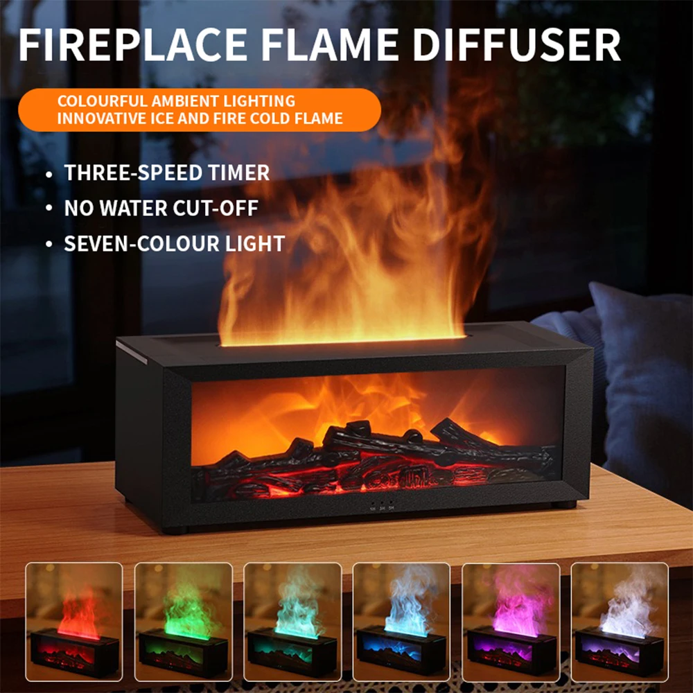 Fireplace Aroma Diffuser Creative Flame Humidifier Waterless Auto-Off Protection with Remote and Realistic Fireplace Night Light