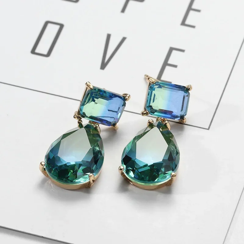 Luxury Square Blue Green Zircon Earrings for Women Trendy Jewelry Exquisite Gold Color Geometry Drop Dangle Earring