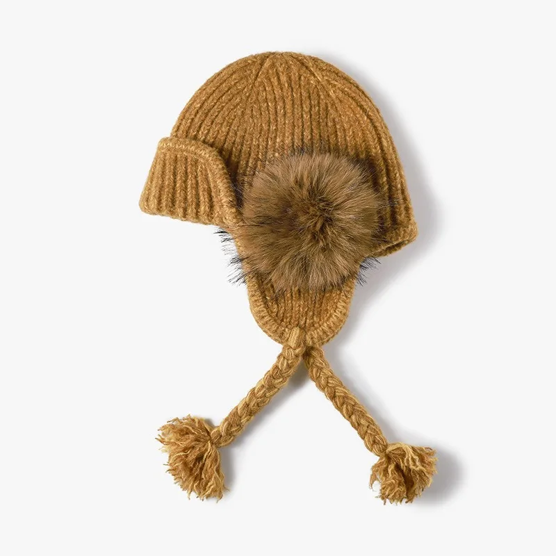 Neue Outdoor-Pompom-Ohrenschutz-Fliegermützen für Männer und Frauen, Winter-Wollmischung, geflochtene, schnürbare, warme Quasten-Strickmütze – Detail 5