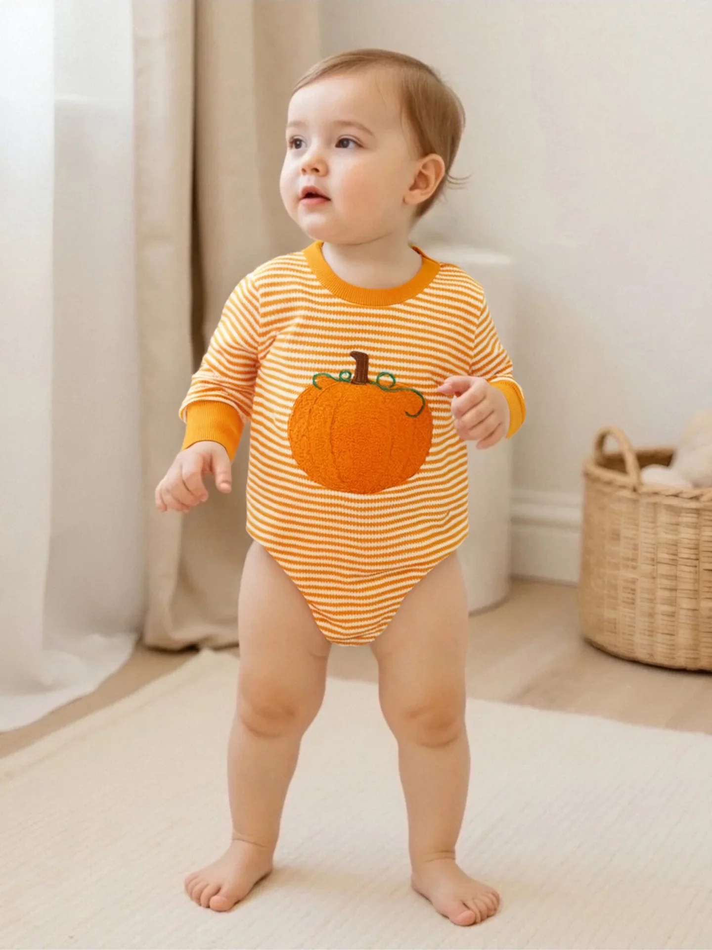 

Halloween Baby Romper Children's Pumpkin Embroidery Long Sleeved Newborn Clothes Striped Baby Stuff L