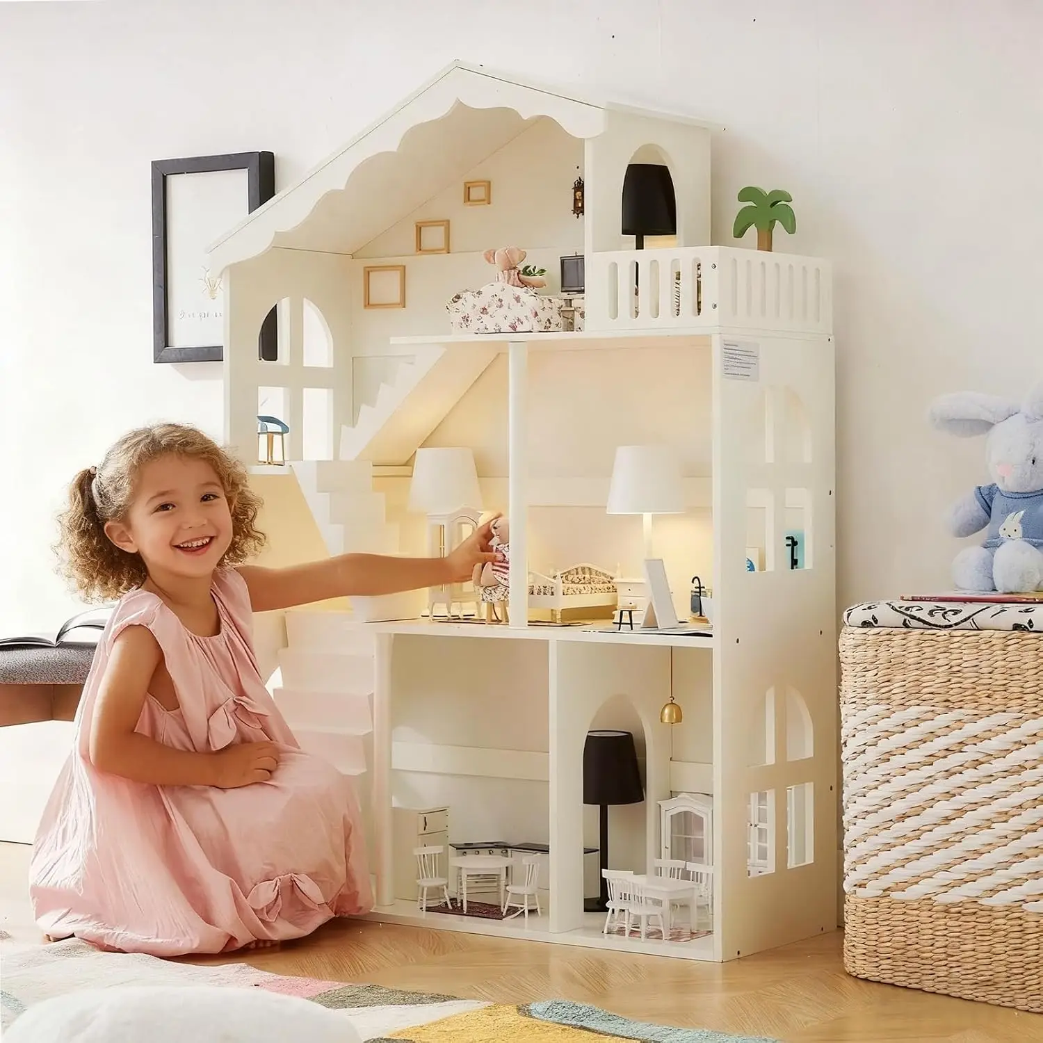 Wooden Dollhouse Bookshelf 3-Tier Doll House Bookcase Kids Books Toys Dolls Storage Organizer Shelves for Children's Bedroom