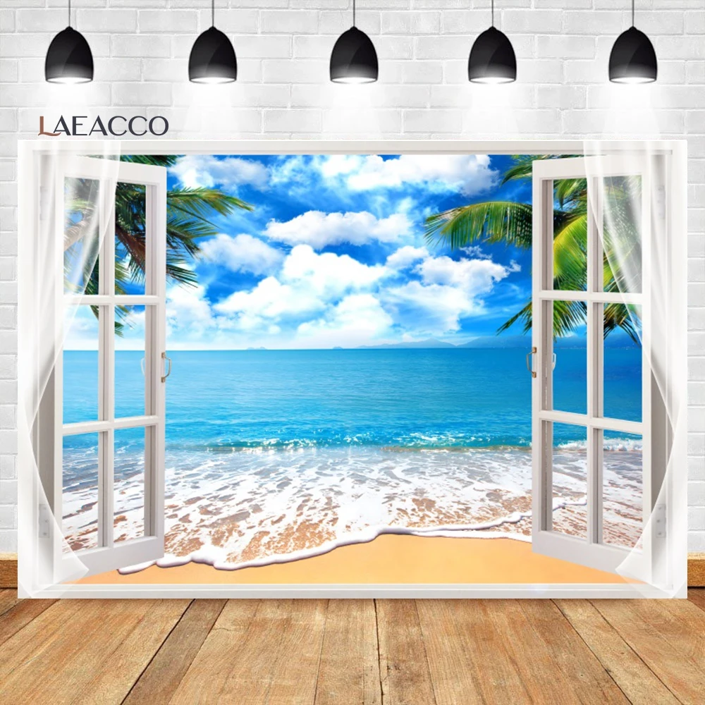 

Laeacco Tropical Beach Window View Backdrop Seascape Blue Sky Clouds Palm Trees Summer Scenery Portrait Photography Background