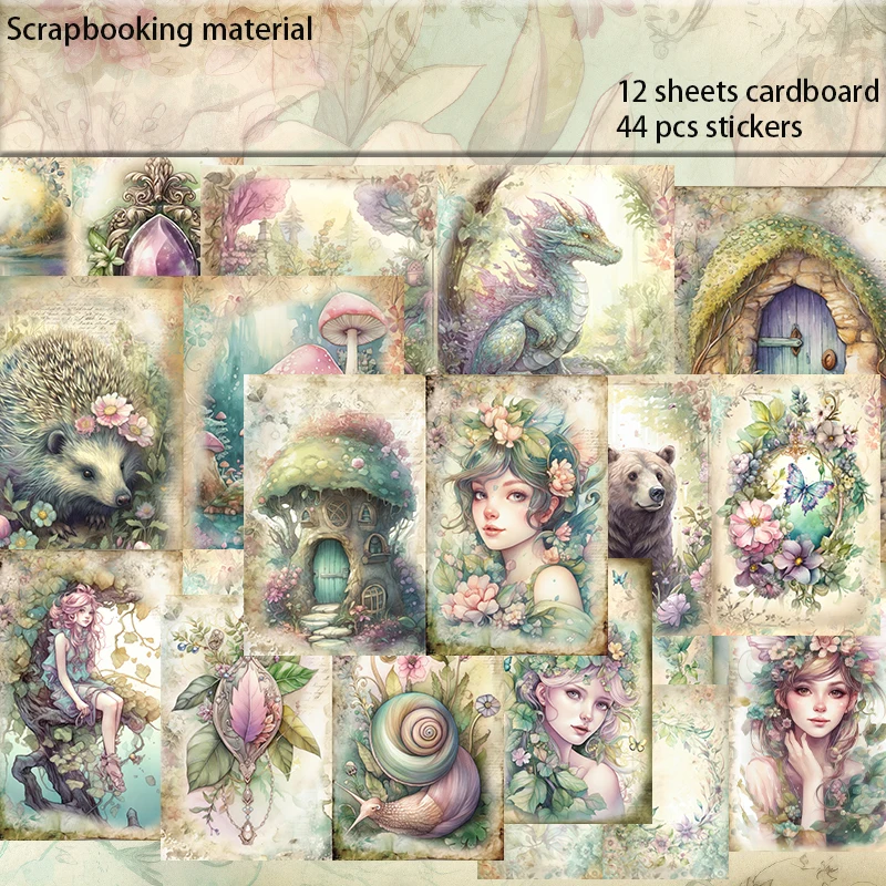 56pcs Paper and Sticker, Spring Forest Fairy Theme for Gift Tag, DIY Paper Craft for Junk Journal,Scrapbooking,Adventure Alblum