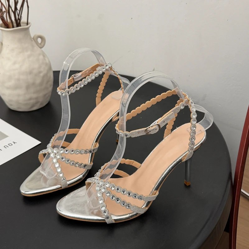 2026 Spring/Summer New Water Diamond Cross Belt with Bare Toes and Thin Heels Cool Slippers view 3