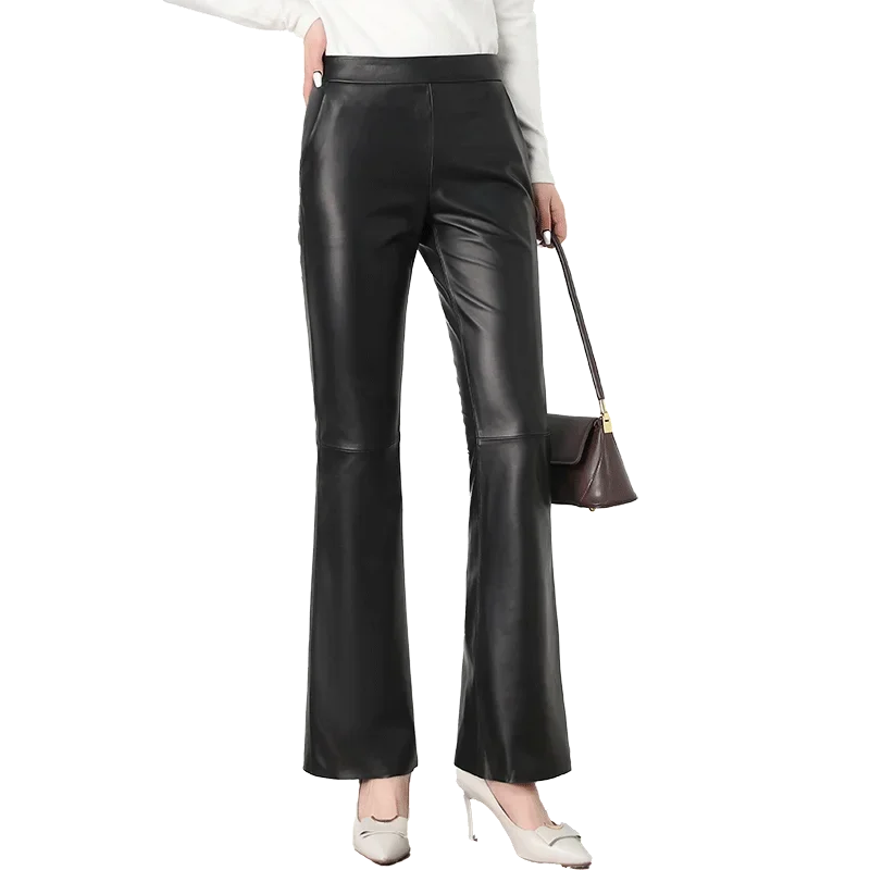 Genuine Sheepskin Leather Pants for Women Spring Autumn Women's Trousers Female High Waist Flare Pants Pantalon Mujer Zjt2406