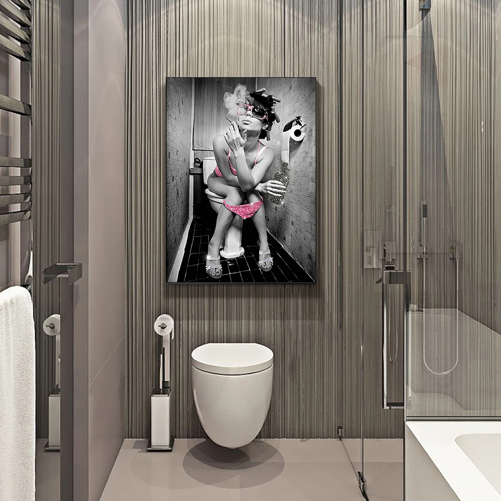 مثير امرأة قماش اللوحة الوردي المشاغب فتاة التدخين والشرب المشارك والمطبوعات صور فنية للجدران لشريط المرحاض ديكور