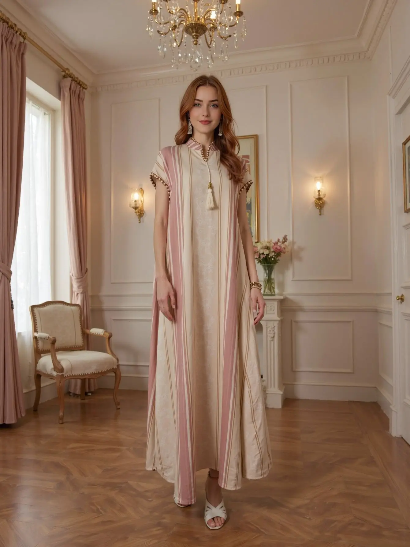 새로운 무슬림 여성 의류 여름 드레스 스트라이프 프린트 펜던트 장식 아바야 로브 아바야 라마단 두바이 럭셔리 이슬람 우아한