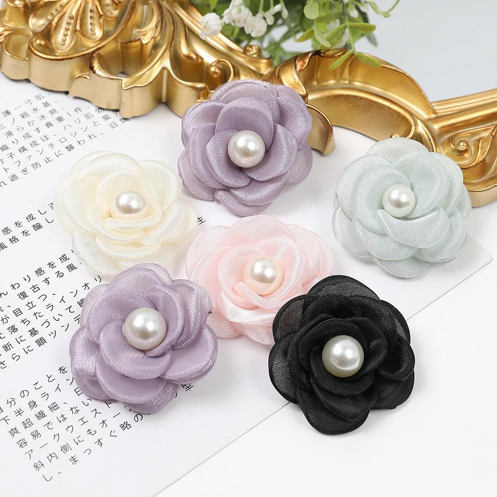 5PCS Artificial Flowers Head With Bead Chiffon Fabric Hairpin Corsage Wedding Dress Clothing Making Accessories Silk Flowers