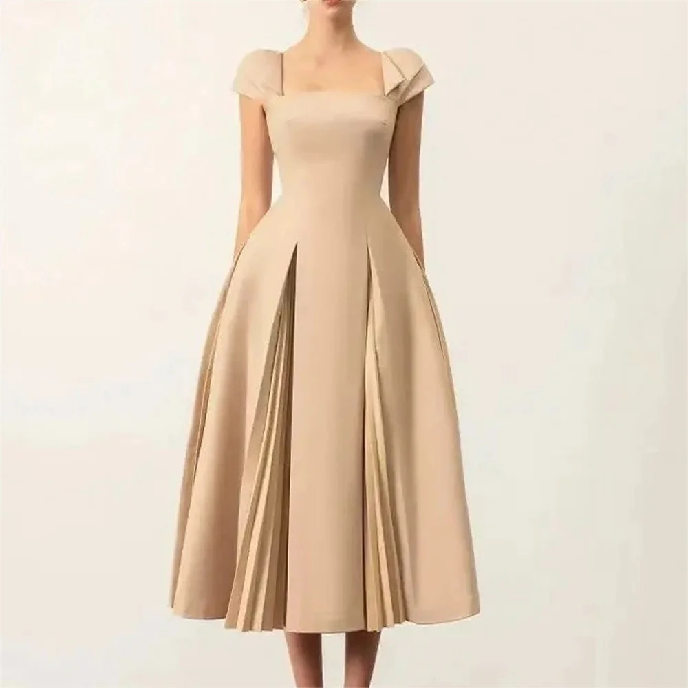 

Simple Fashion Jersey Pleat Draped A-line Square Neck Midi Dresses Prom Dresses High Quality Matching Classic Casual Pastrol