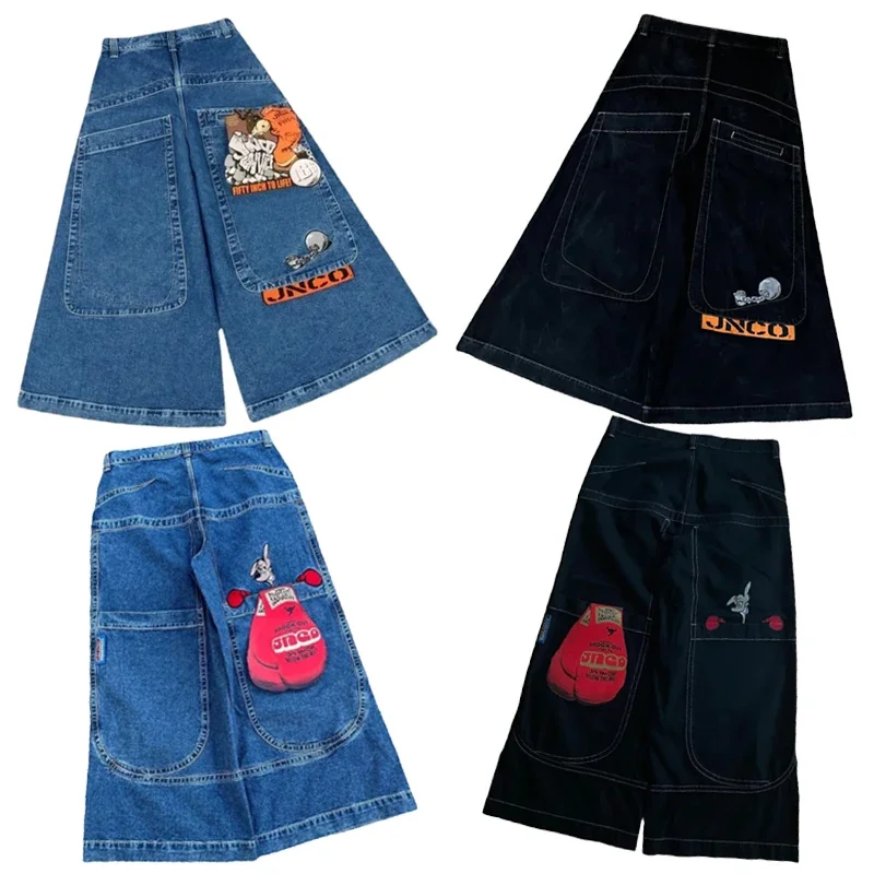 Harajuku Embroidered Pattern JNCO baggy jeans Y2K Vintage Streetwear Goth high waisted Fashion men women clothing wide leg jeans